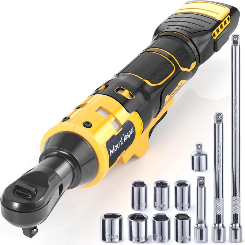 Mount Jasper 3/8" Brushless Ratchet Wrench Compatible with DeWalt 20V Max | 75 ft-lb Torque, 300 RPM | Variable Speed, Fwd/Rev, LED Light | Includes 1/4" Adapter & 3"/6"/10" Extensions | Tool Only - Image 1